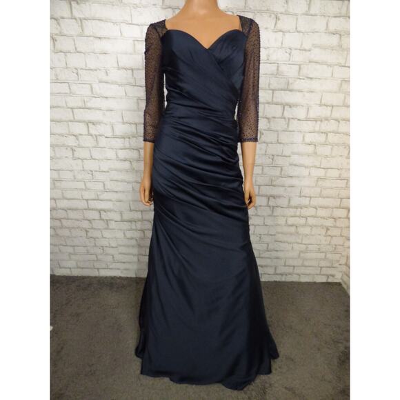 $558 La Femme 30138 Navy Blue Satin Ruched Trumpet Illusion Gown 12 NEW - Picture 3 of 16